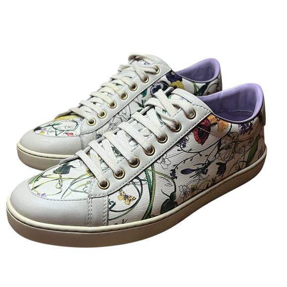 Gucci Flora Infinity Leather Low Top Sneakers Floral with Butterfly EU 38 US 8 - Picture 1 of 14